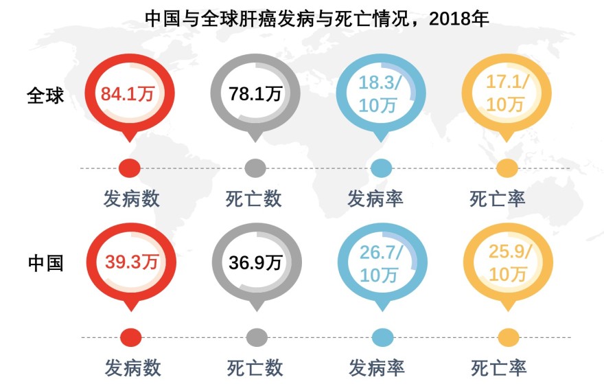 中国与全球肝癌发病与死亡情况,2018年