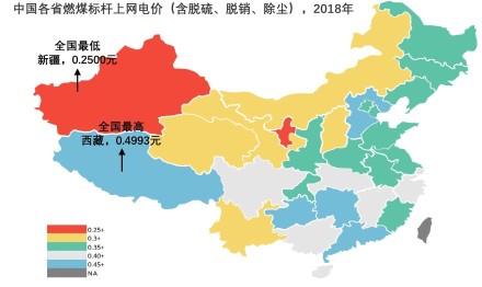 中国各省燃煤标杆上网电价（含脱硫、脱销、除尘），2018年