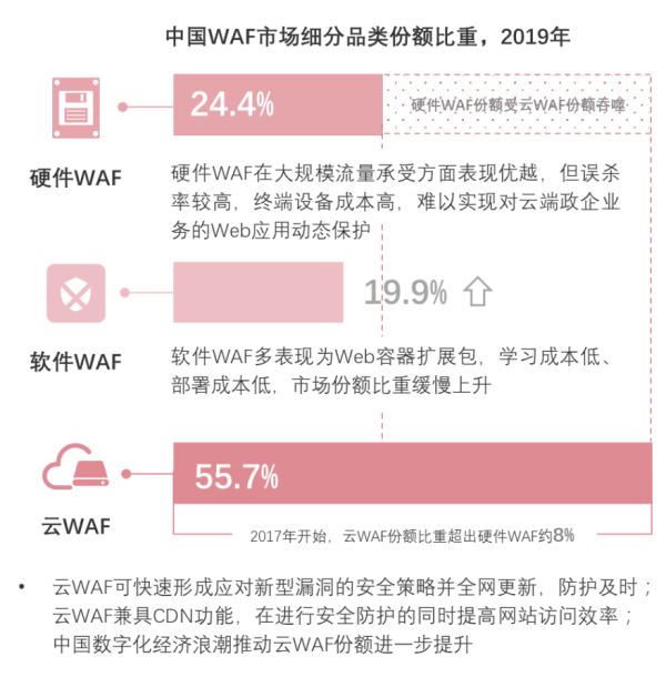 中国WAF市场细分品类份额比重，2019年