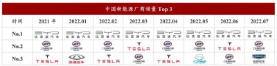 中国新能源厂商销量 Top 3